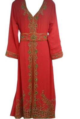 Red Beads and Stone Work Georgette Hand Arab Moroccan Kaftan 1