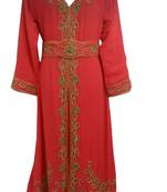 Red Beads and Stone Work Georgette Hand Arab Moroccan Kaftan