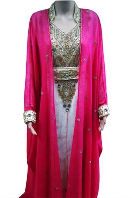 Pink and White Beads and Stone Work Georgette Hand Arab Moroccan Jacket Kaftan 1