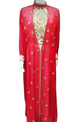 Red and White Beads and Stone Work Georgette Hand Arab Moroccan Jacket Kaftan 1