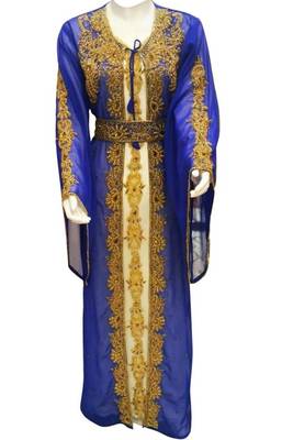 Blue Beads and Stone Work Georgette Hand Arab Moroccan Kaftan 1