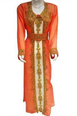 Orange Beads and Stone Work Georgette Hand Arab Moroccan Kaftan 1