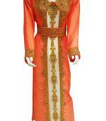 Orange Beads and Stone Work Georgette Hand Arab Moroccan Kaftan