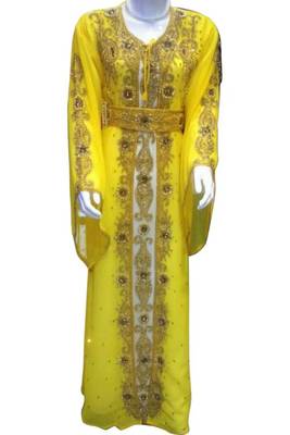 Yellow Beads and Stone Work Georgette Hand Arab Moroccan Kaftan 1