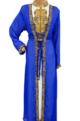 Blue and White Beads and Stone Work Georgette Hand Arab Moroccan Jacket Kaftan 1