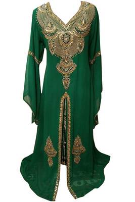 Green Beads and Stone Work Georgette Hand Arab Moroccan Kaftan 1