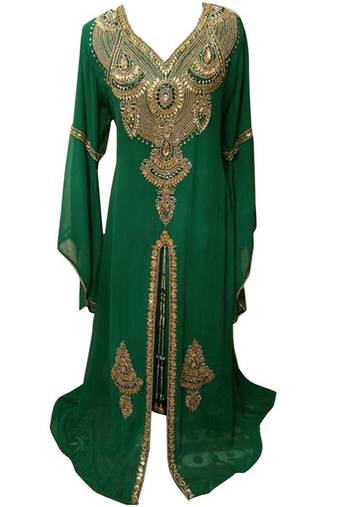 Green Beads and Stone Work Georgette Hand Stiched Arab Moroccan Kaftan