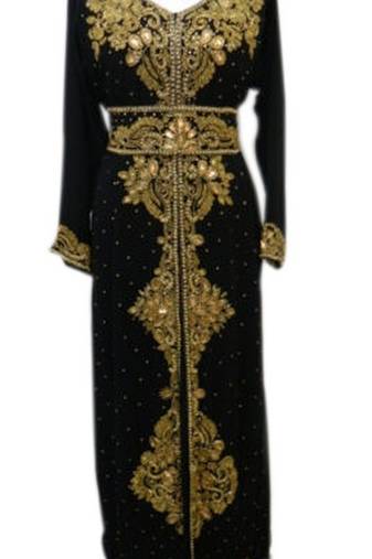 Black Beads and Stone Work Georgette Hand Stiched Arab Moroccan Kaftan