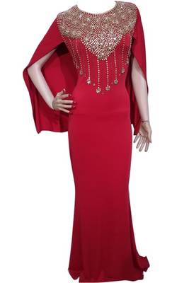 Red Beads and Stone Work Lycra Hand Stiched Arab Moroccan Kaftan 1