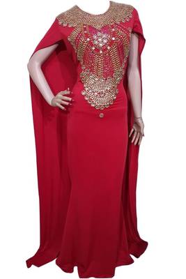 Red Beads and Stone Work Lycra Hand Stiched Arab Moroccan Kaftan 1
