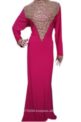 Pink Beads and Stone Work Lycra Hand Stiched Arab Moroccan Kaftan 1
