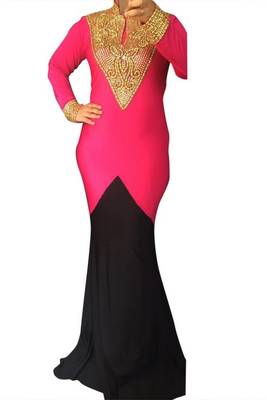 Pink and Black Beads and Stone Work Lycra Hand Stiched Arab Moroccan Kaftan 1