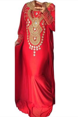 Red Beads and Stone Work Lycra Hand Stiched Arab Moroccan Kaftan 1