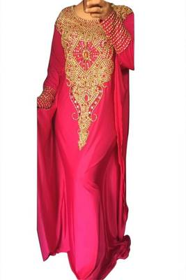 Pink Beads and Stone Work Lycra Hand Stiched Arab Moroccan Kaftan 1
