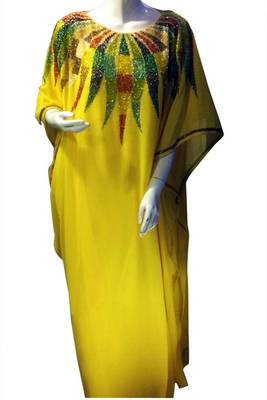 Yellow Beads and Stone Work Georgette Hand Stiched Arab Islamic farasha 1