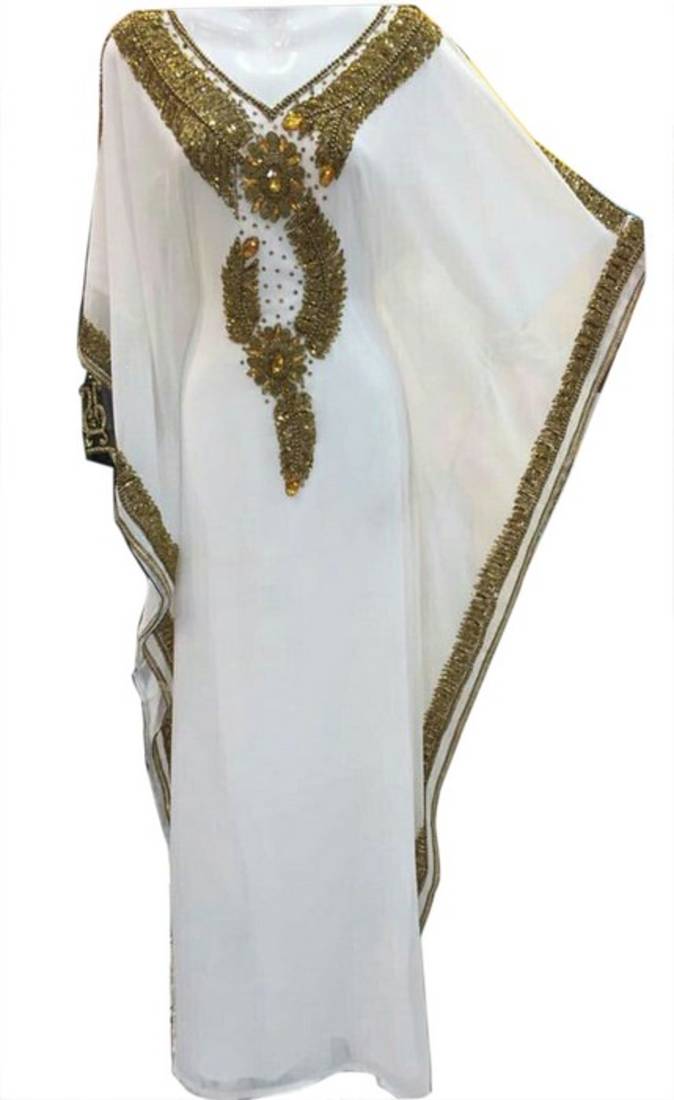 White Beads and Stone Work Georgette Hand Stiched Arab Islamic farasha