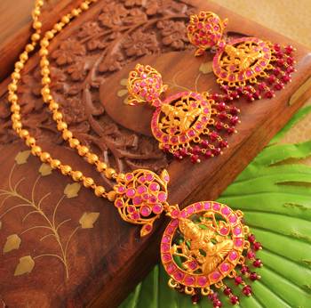 Beautiful Matte Finish Semiprecious Ruby Lakshmi Necklace Set 1