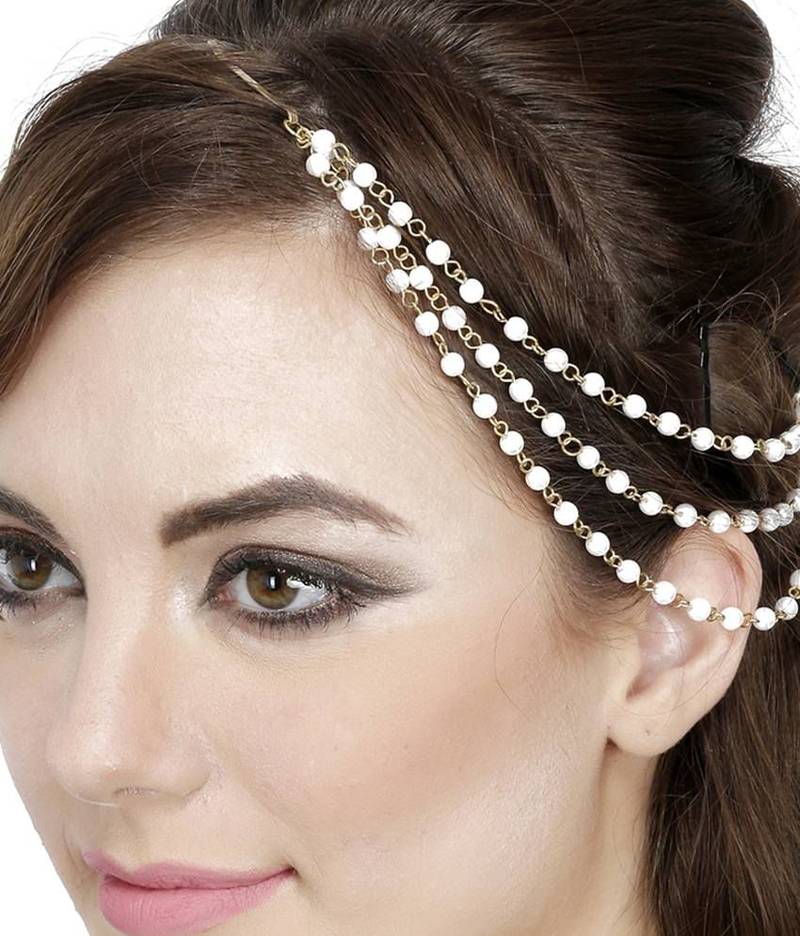 Designer Three Line Pearl Stone Maang Tikka or Hair Accessories