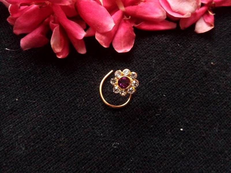 Purple Floral Diamond Studed Nose Ring Or Nose Pin