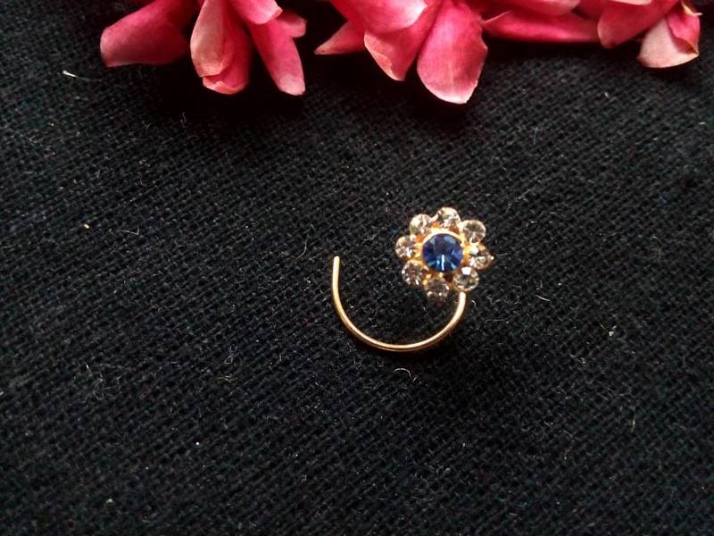 Blue Floral Diamond Studed Nose Ring Or Nose Pin