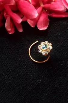 Greenish Blue Floral Diamond Studed Nose Ring Or Nose Pin