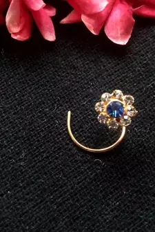 Blue Floral Diamond Studed Nose Ring Or Nose Pin