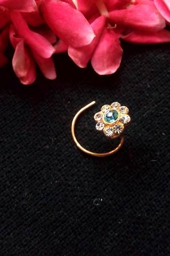 Greenish Blue Floral Diamond Studed Nose Ring Or Nose Pin