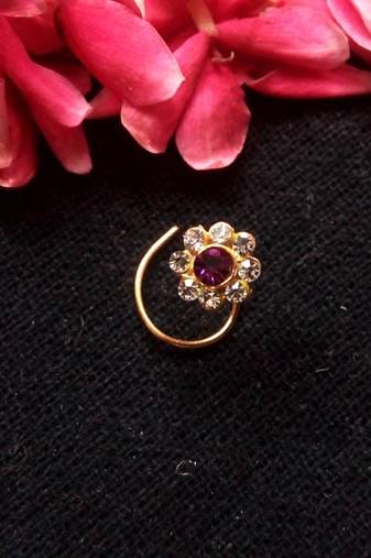 Purple Floral Diamond Studed Nose Ring Or Nose Pin