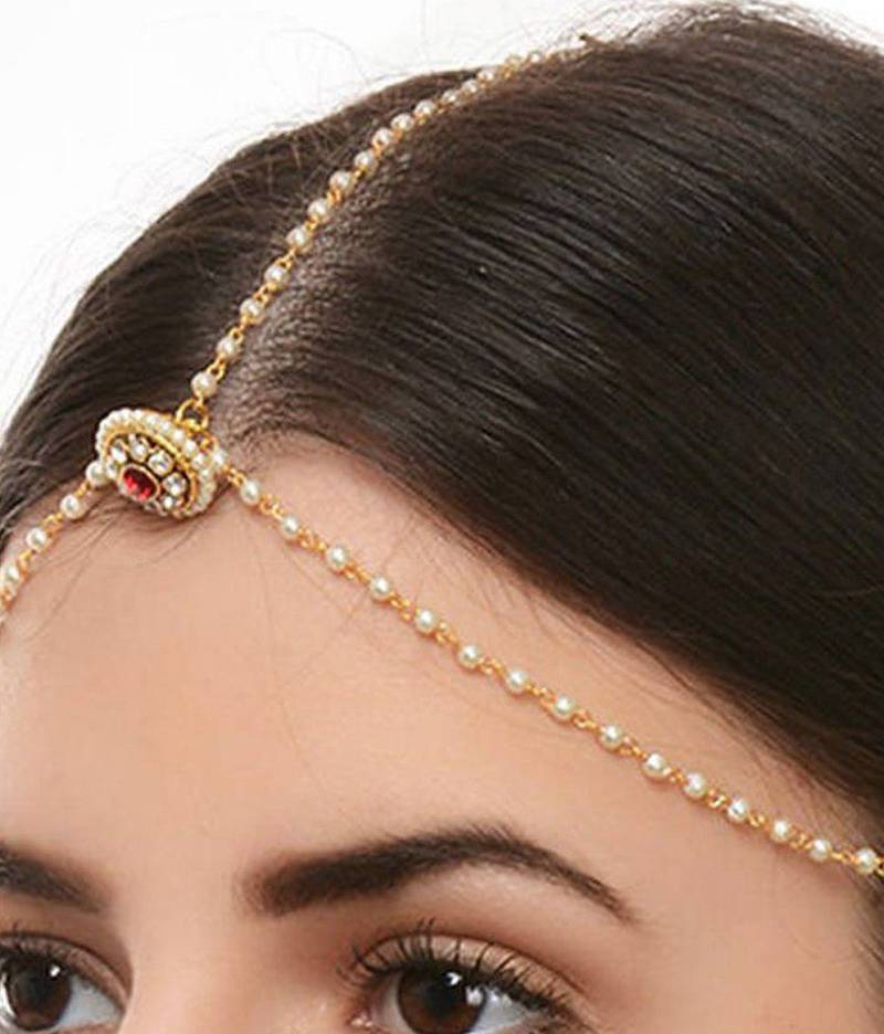 Designer Agate Stone Pearl Chained Maang Tikka