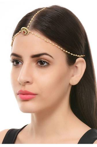 Designer Agate Stone Pearl Chained Maang Tikka