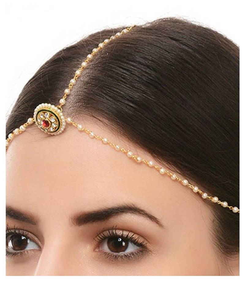 Designer Agate Stone Pearl Chained Maang Tikka