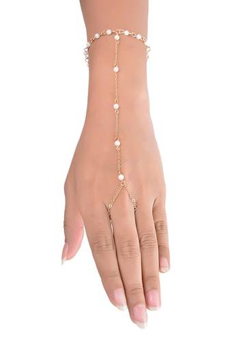 Designer Golden Fine Quality Pearl Chained Adjustable Haath Phool or Hand Accessory