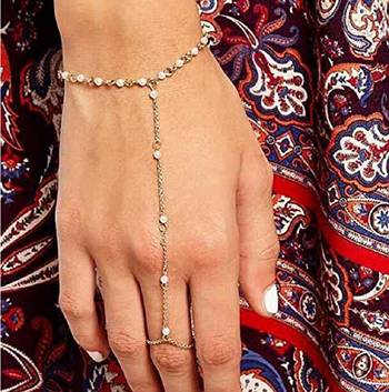 Designer Golden Fine Quality Pearl Chained Adjustable Haath Phool or Hand Accessory 1