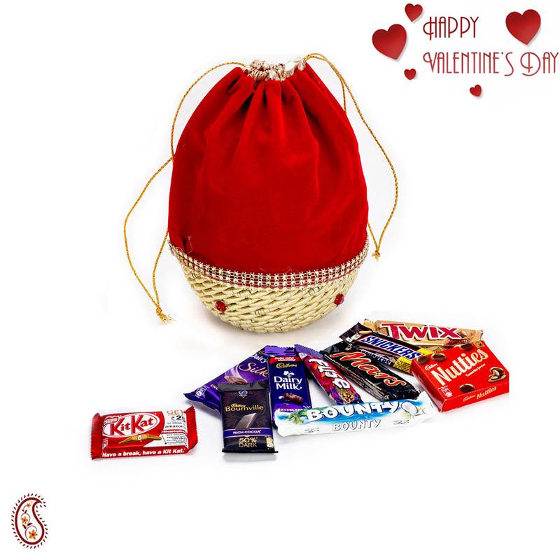 Red Pouch Bag And Chocolates Hamperr