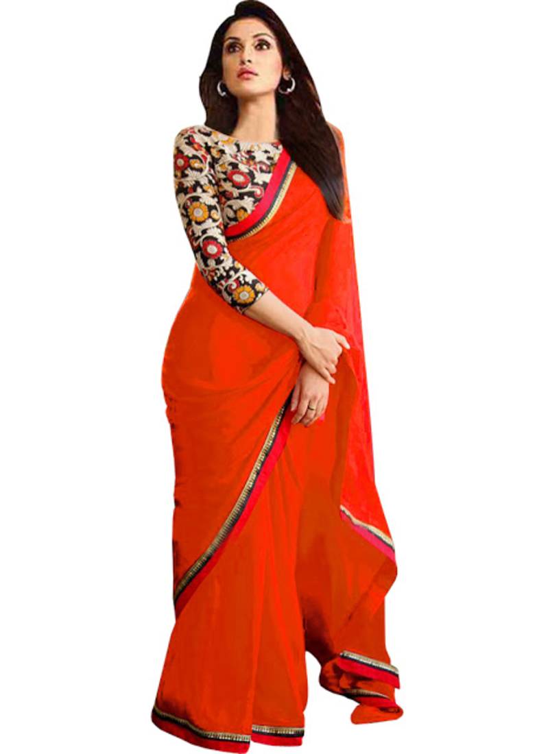 orange plain saree contrast blouse