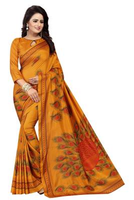 Mustard printed silk saree with blouse 1