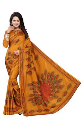 Mustard printed silk saree with blouse 2
