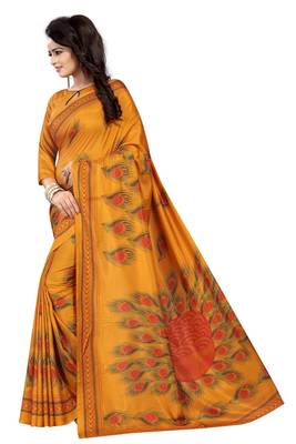 Mustard printed silk saree with blouse 3