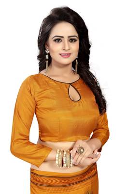 Mustard printed silk saree with blouse 5