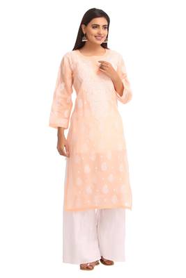 Peach Embroidered Cotton Chikankari Kurti 1