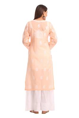 Peach Embroidered Cotton Chikankari Kurti 2