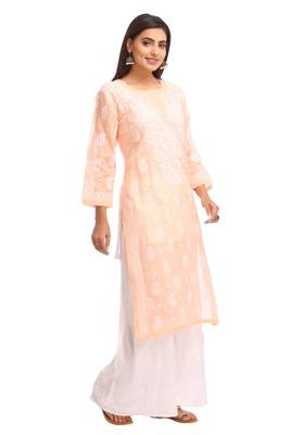 Peach Embroidered Cotton Chikankari Kurti 3