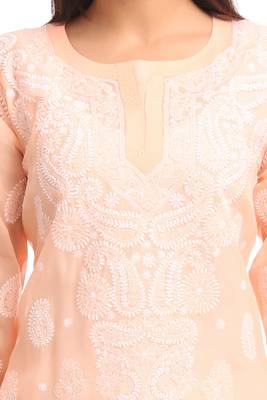 Peach Embroidered Cotton Chikankari Kurti 4