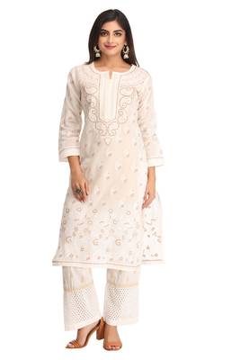 Cream Embroidered Cotton Chikankari Kurti  1