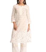 Cream Embroidered Cotton Chikankari Kurti 
