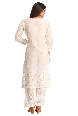 Cream Embroidered Cotton Chikankari Kurti  2