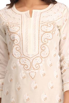 Cream Embroidered Cotton Chikankari Kurti  4