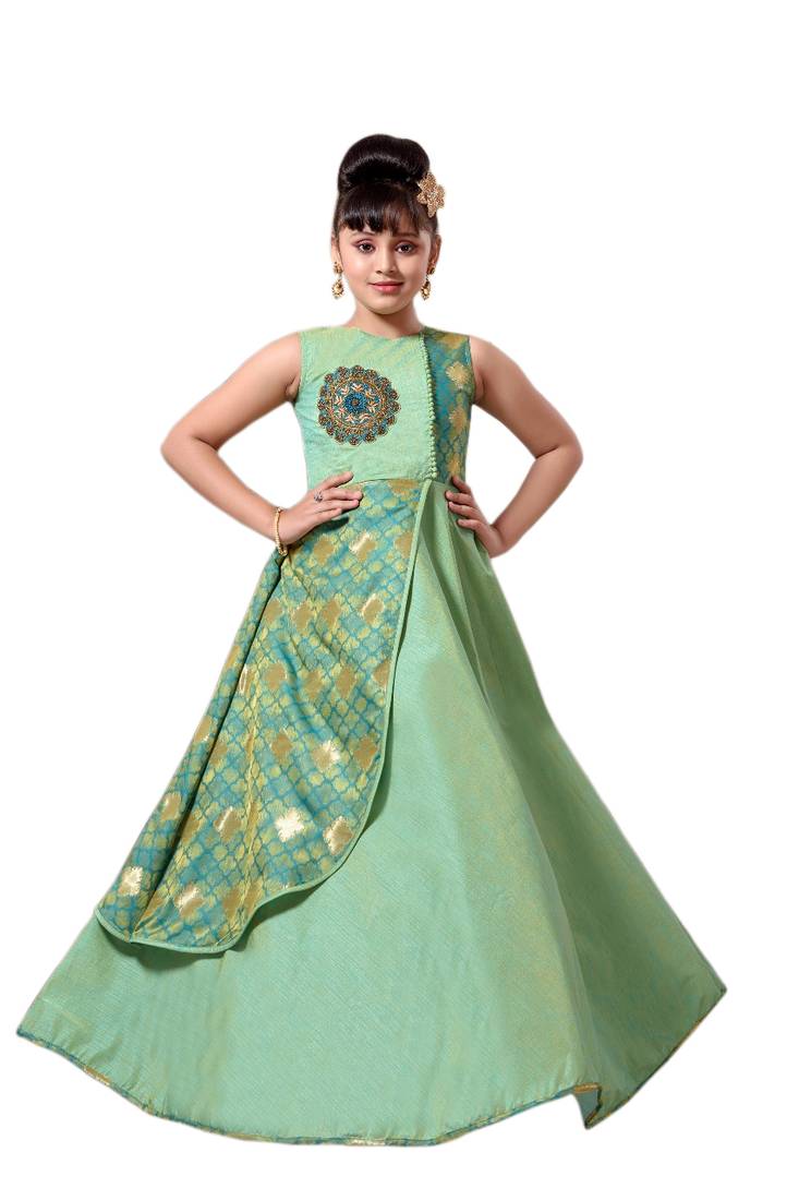 Green Silk Hand work embroidery Semi-stiched Kid Gown