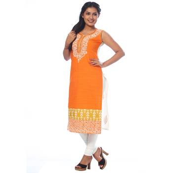 Orange printed cotton kurtas-and-kurtis 4
