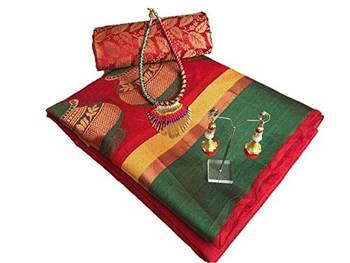 Red woven cotton silk saree with blouse 1